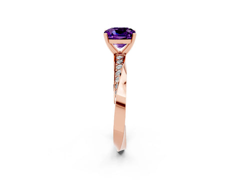 Rose gold Cushion Cut Amethyst Engagement Ring with Side Stone Accents and Four-Prong Setting_29