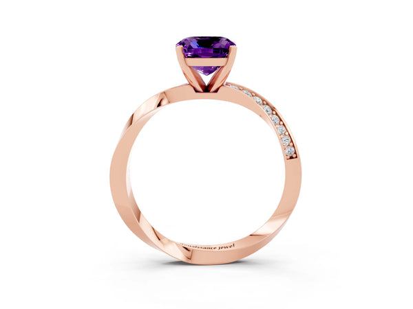 Rose gold Cushion Cut Amethyst Engagement Ring with Side Stone Accents and Four-Prong Setting