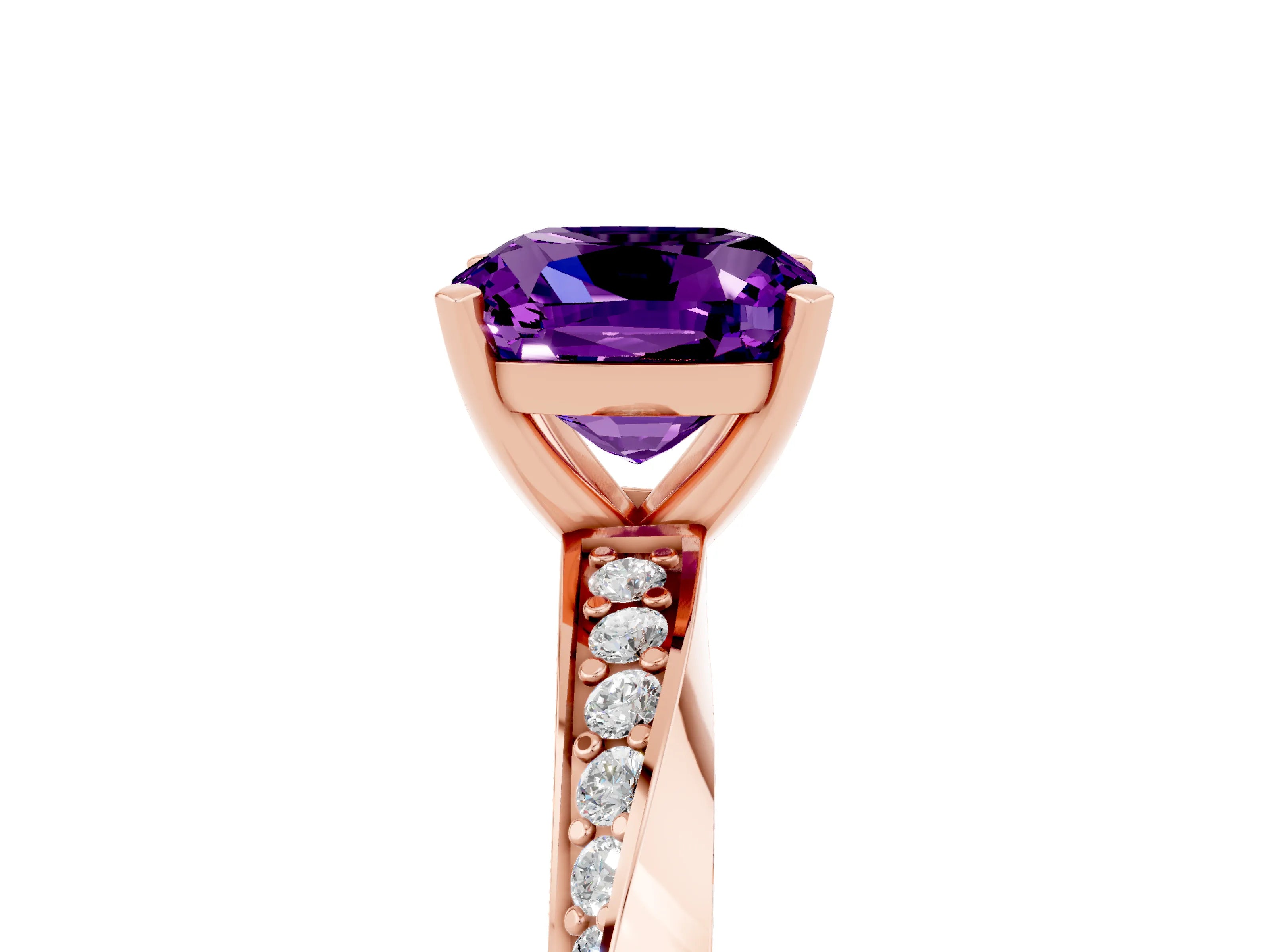 Rose gold Cushion Cut Amethyst Engagement Ring with Side Stone Accents and Four-Prong Setting_32