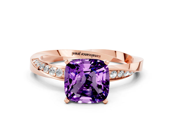 Rose gold Cushion Cut Amethyst Engagement Ring with Side Stone Accents and Four-Prong Setting