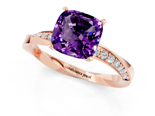 Rose gold Cushion Cut Amethyst Engagement Ring with Side Stone Accents and Four-Prong Setting