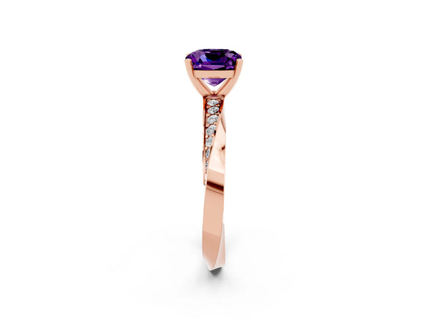 Rose gold Cushion Cut Amethyst Engagement Ring with Side Stone Accents and Four-Prong Setting