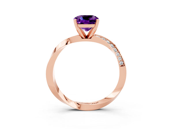 Rose gold Cushion Cut Amethyst Engagement Ring with Side Stone Accents and Four-Prong Setting