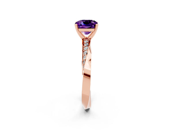 Rose gold Cushion Cut Amethyst Engagement Ring with Side Stone Accents and Four-Prong Setting