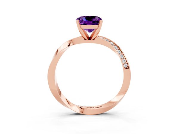 Rose gold Cushion Cut Amethyst Engagement Ring with Side Stone Accents and Four-Prong Setting