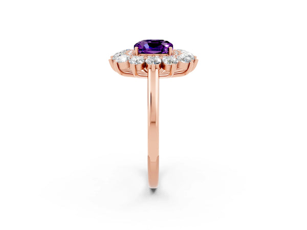 Rose gold Cushion Cut Amethyst Floral Double Halo Engagement Ring with Prong Setting