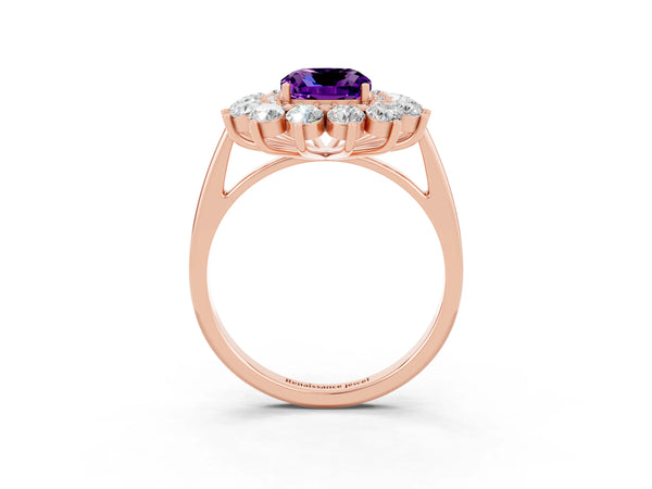 Rose gold Cushion Cut Amethyst Floral Double Halo Engagement Ring with Prong Setting
