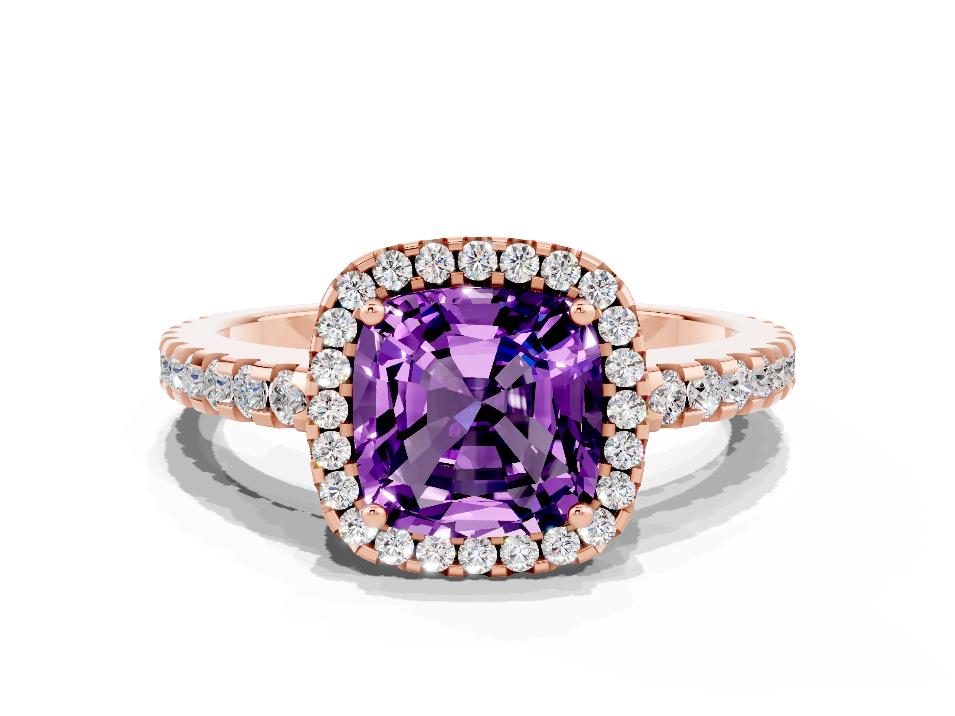 Rose gold Cushion Cut Amethyst Halo Engagement Ring with Pavé Band and Prong Setting_12