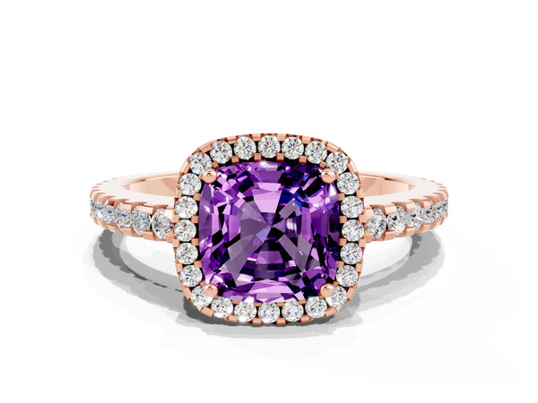 Rose gold Cushion Cut Amethyst Halo Engagement Ring with Pavé Band and Prong Setting