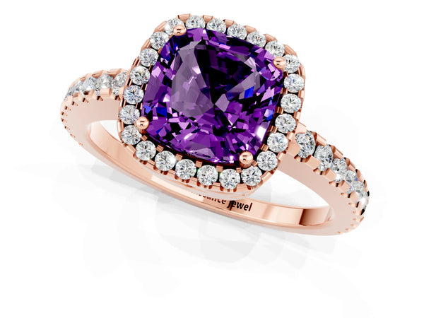 Rose gold Cushion Cut Amethyst Halo Engagement Ring with Pavé Band and Prong Setting