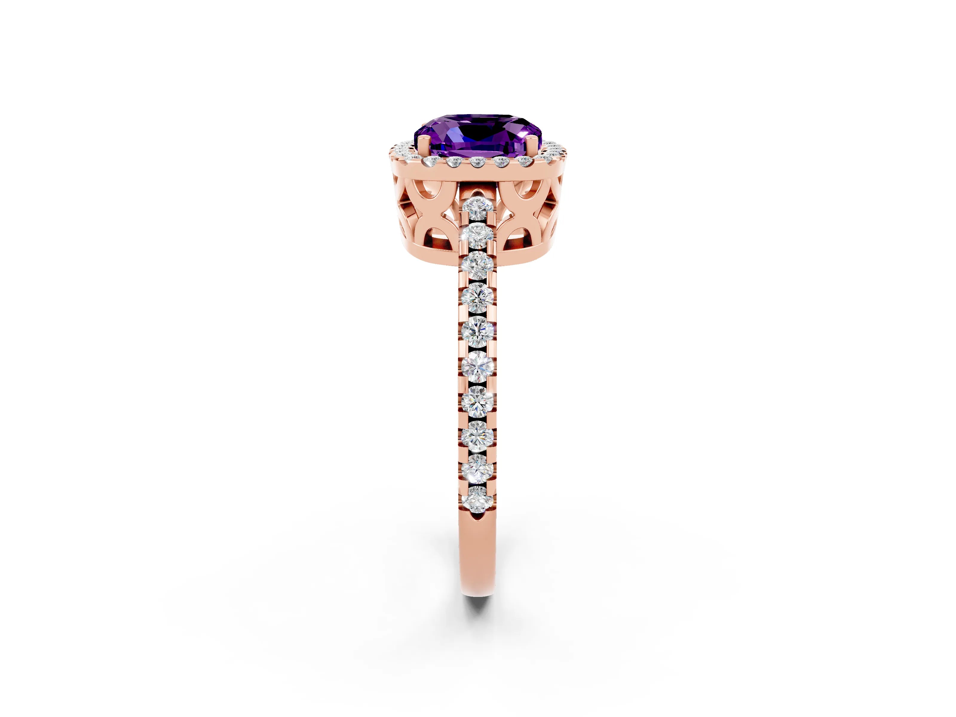 Rose gold Cushion Cut Amethyst Halo Engagement Ring with Pavé Band and Prong Setting_14