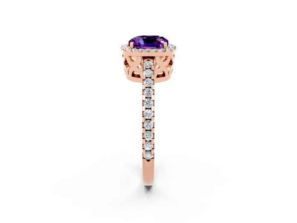 Rose gold Cushion Cut Amethyst Halo Engagement Ring with Pavé Band and Prong Setting