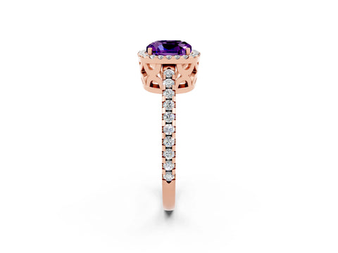 Rose gold Cushion Cut Amethyst Halo Engagement Ring with Pavé Band and Prong Setting_14