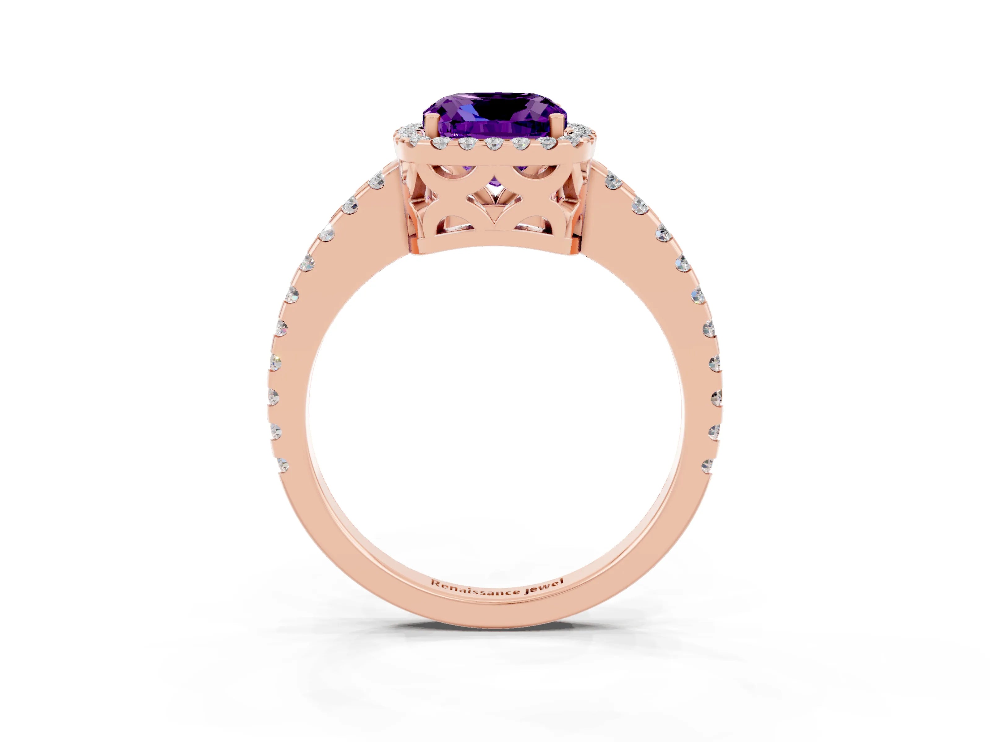 Rose gold Cushion Cut Amethyst Halo Engagement Ring with Pavé Band and Prong Setting_15