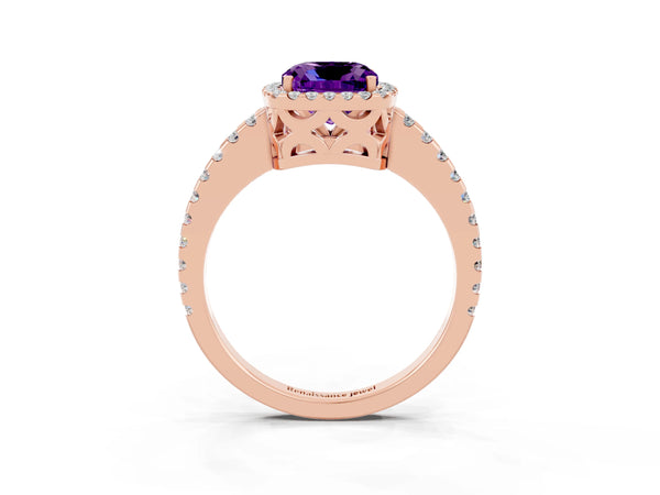 Rose gold Cushion Cut Amethyst Halo Engagement Ring with Pavé Band and Prong Setting
