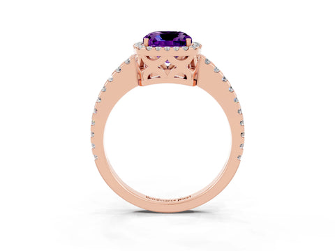 Rose gold Cushion Cut Amethyst Halo Engagement Ring with Pavé Band and Prong Setting_15
