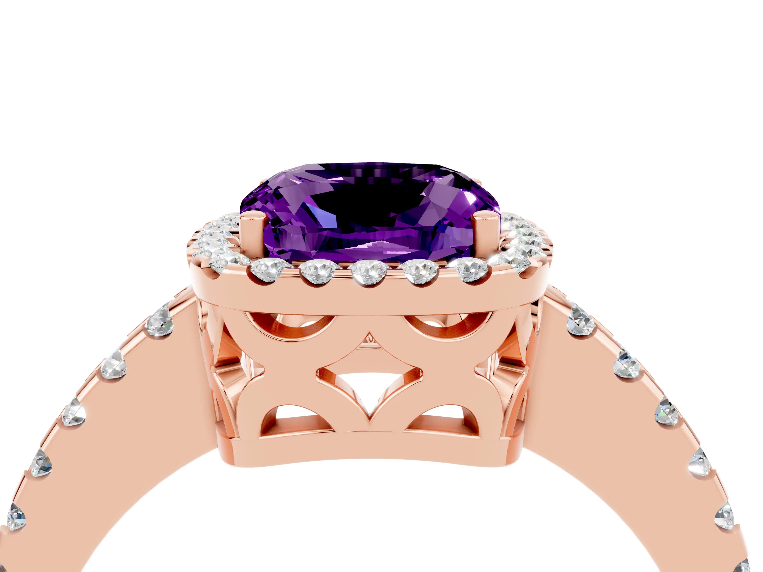 Rose gold Cushion Cut Amethyst Halo Engagement Ring with Pavé Band and Prong Setting_16
