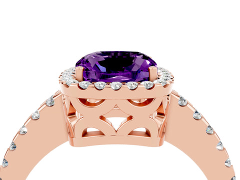 Rose gold Cushion Cut Amethyst Halo Engagement Ring with Pavé Band and Prong Setting_16