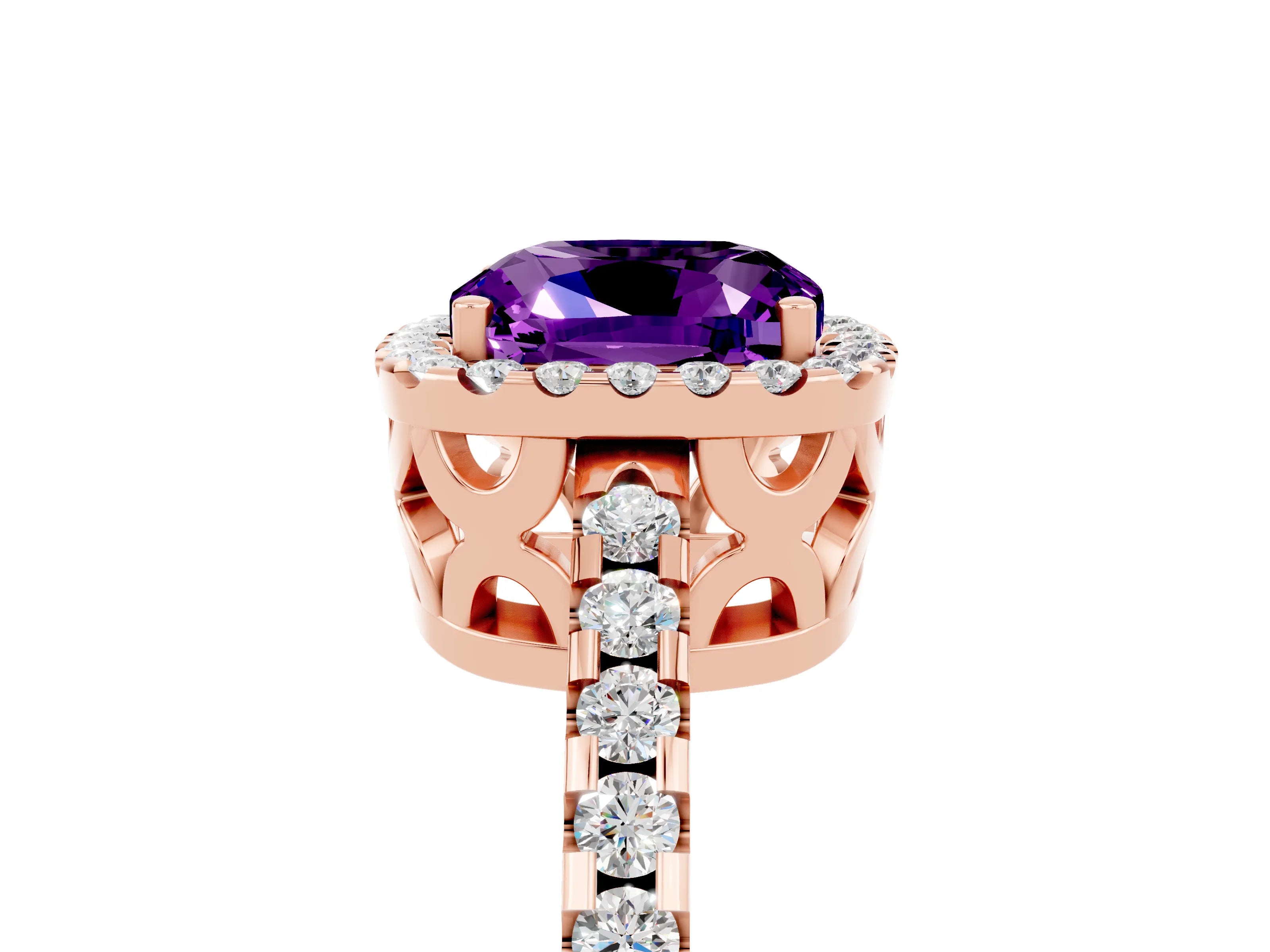 Rose gold Cushion Cut Amethyst Halo Engagement Ring with Pavé Band and Prong Setting_17