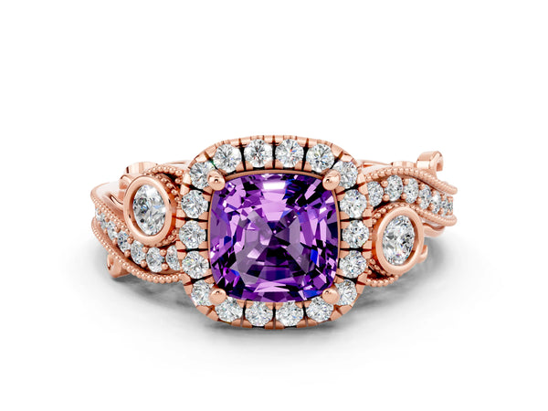 Rose gold Cushion Cut Amethyst Halo Ring with Milgrain Pavé Band and Four-Prong Setting