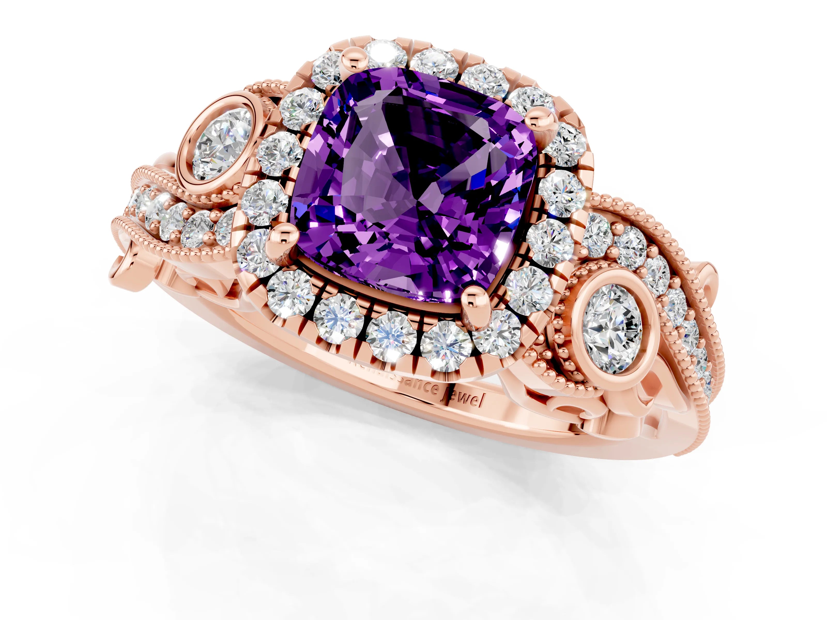 Rose gold Cushion Cut Amethyst Halo Ring with Milgrain Pavé Band and Four-Prong Setting_13