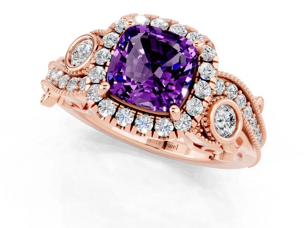 Rose gold Cushion Cut Amethyst Halo Ring with Milgrain Pavé Band and Four-Prong Setting