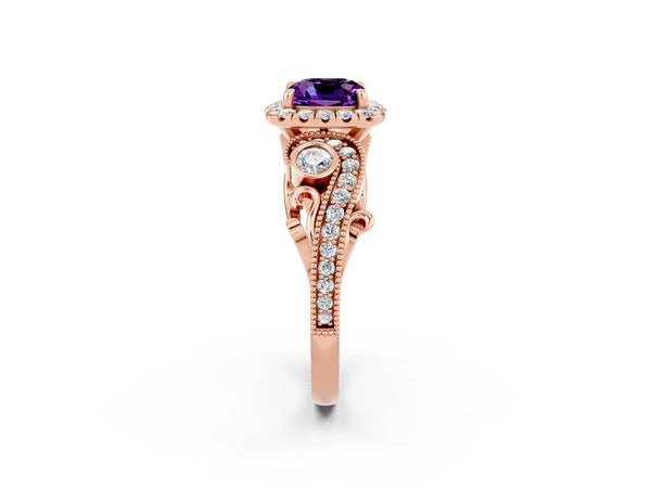 Rose gold Cushion Cut Amethyst Halo Ring with Milgrain Pavé Band and Four-Prong Setting