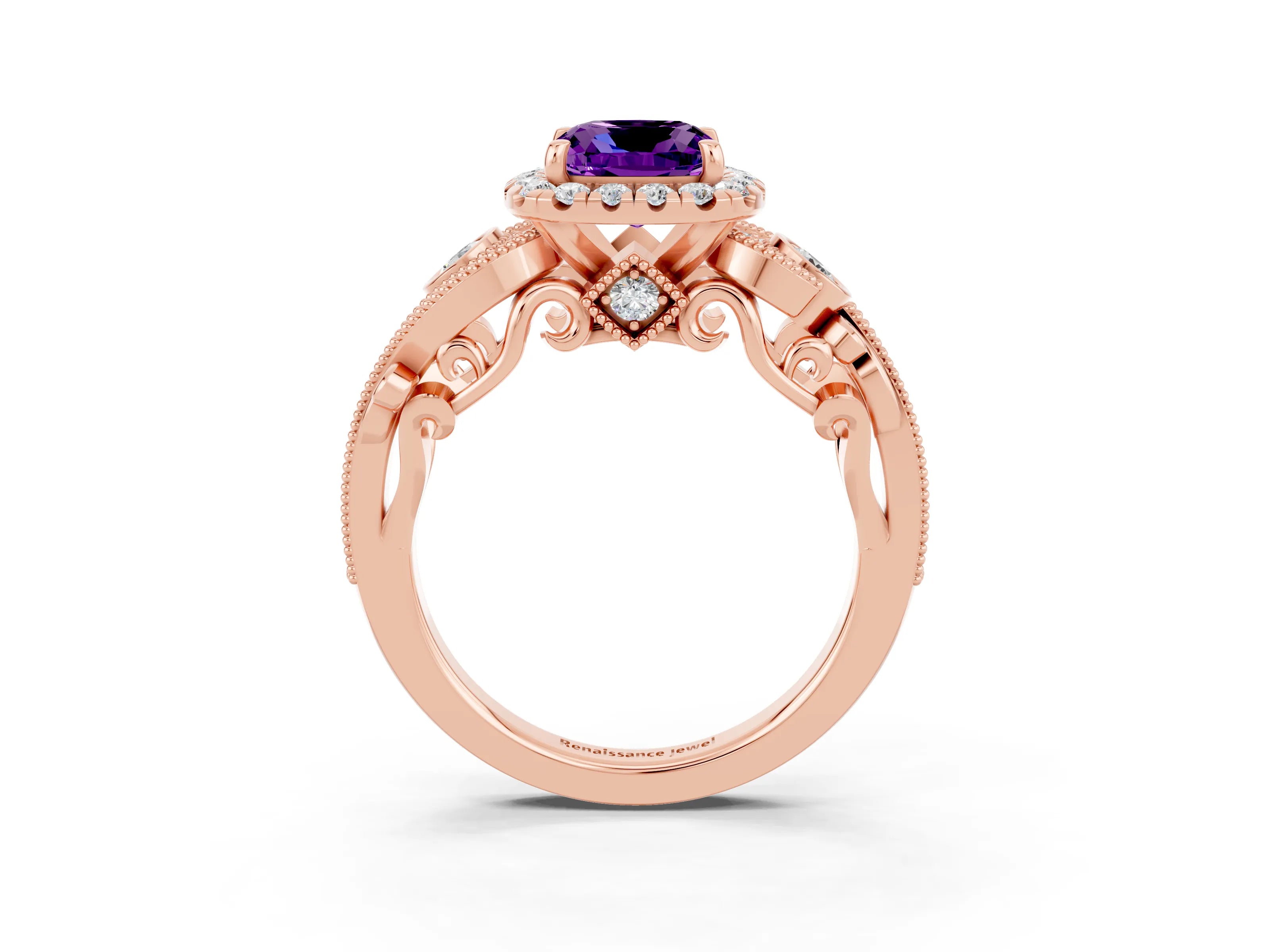 Rose gold Cushion Cut Amethyst Halo Ring with Milgrain Pavé Band and Four-Prong Setting_15