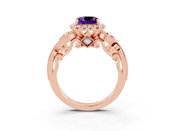 Rose gold Cushion Cut Amethyst Halo Ring with Milgrain Pavé Band and Four-Prong Setting