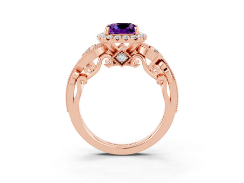 Rose gold Cushion Cut Amethyst Halo Ring with Milgrain Pavé Band and Four-Prong Setting_15