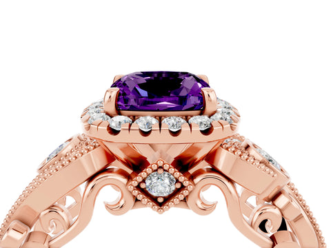 Rose gold Cushion Cut Amethyst Halo Ring with Milgrain Pavé Band and Four-Prong Setting_16
