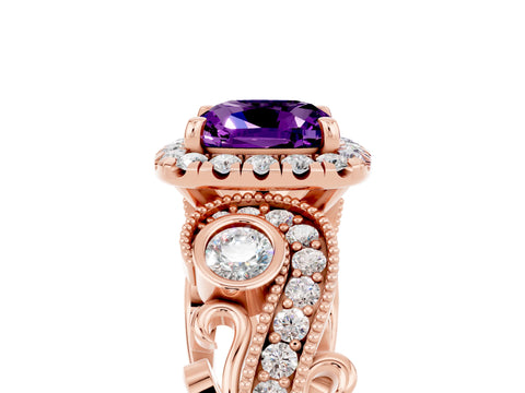 Rose gold Cushion Cut Amethyst Halo Ring with Milgrain Pavé Band and Four-Prong Setting_17
