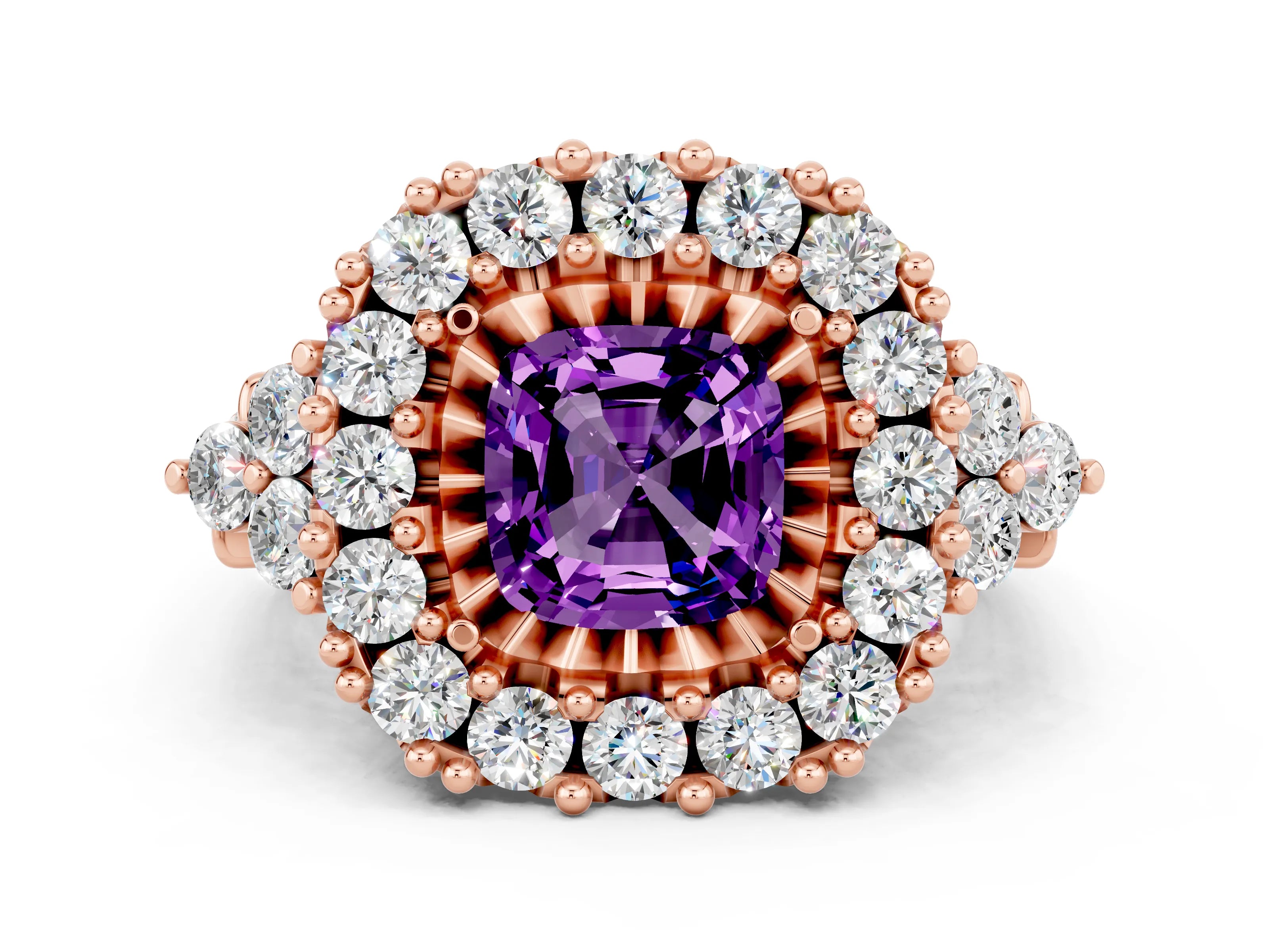 Rose gold Cushion Cut Amethyst Halo Ring with Pavé Band and Four-Prong Setting_12