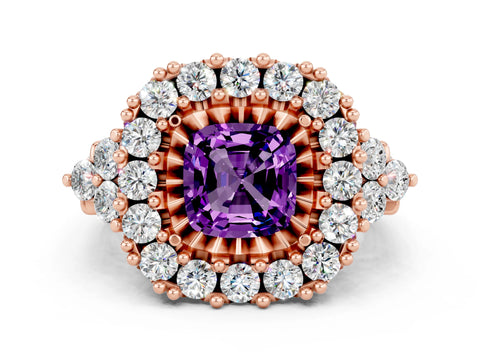 Rose gold Cushion Cut Amethyst Halo Ring with Pavé Band and Four-Prong Setting_12