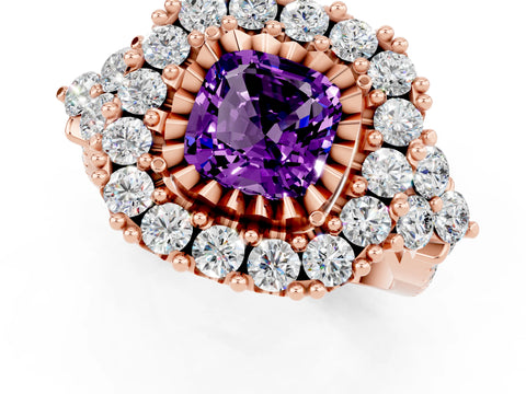 Rose gold Cushion Cut Amethyst Halo Ring with Pavé Band and Four-Prong Setting_13