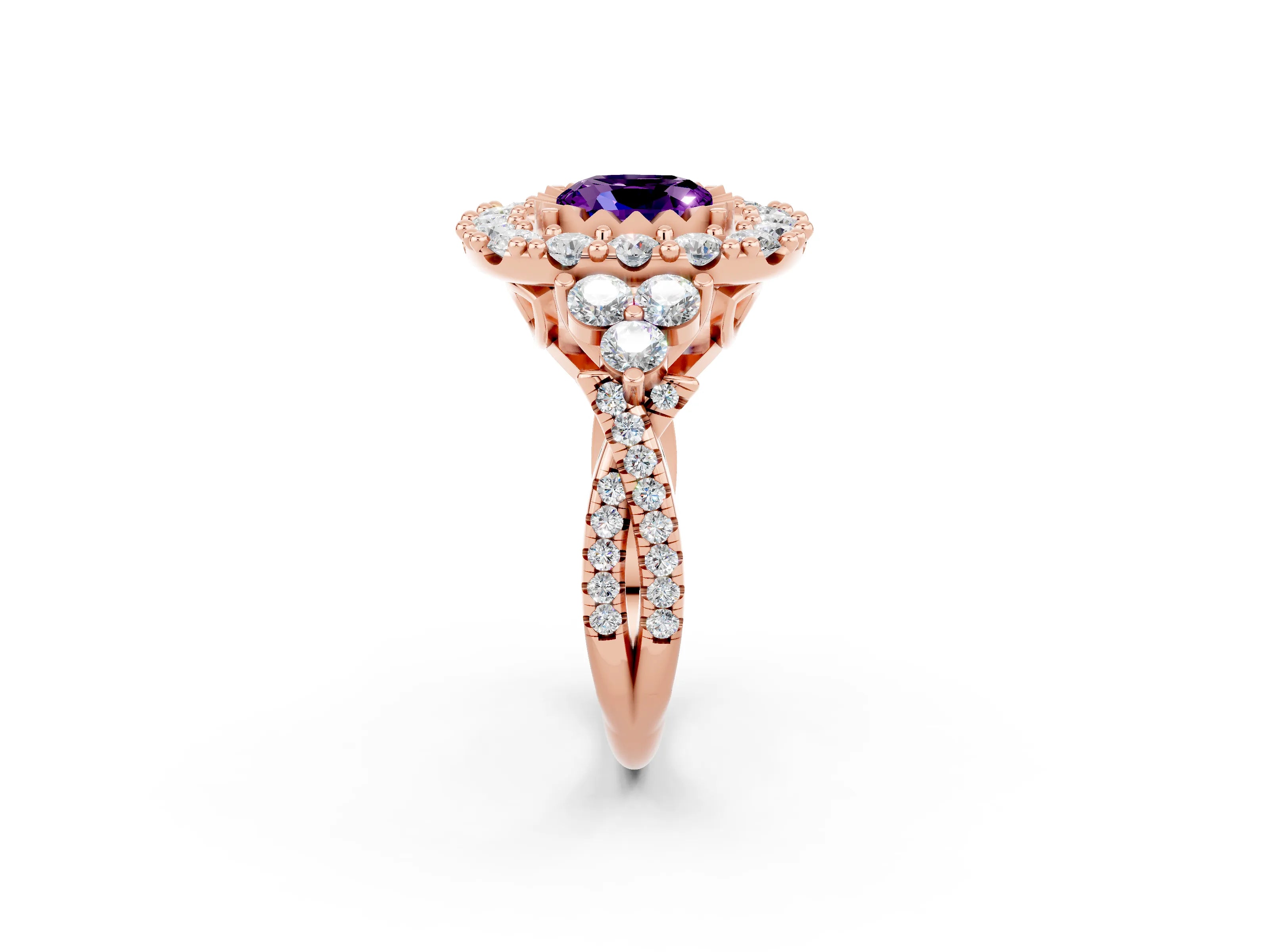 Rose gold Cushion Cut Amethyst Halo Ring with Pavé Band and Four-Prong Setting_14