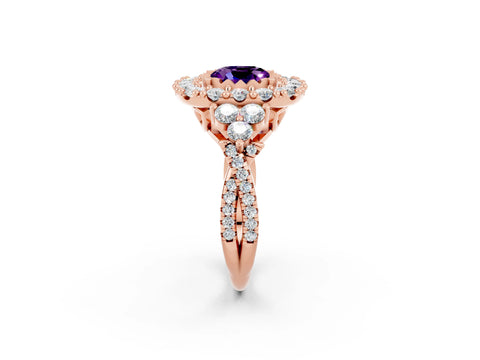 Rose gold Cushion Cut Amethyst Halo Ring with Pavé Band and Four-Prong Setting_14
