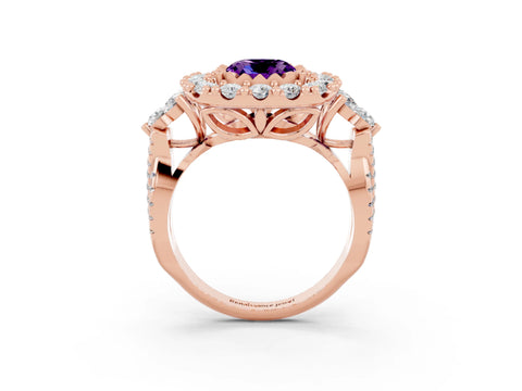 Rose gold Cushion Cut Amethyst Halo Ring with Pavé Band and Four-Prong Setting_15