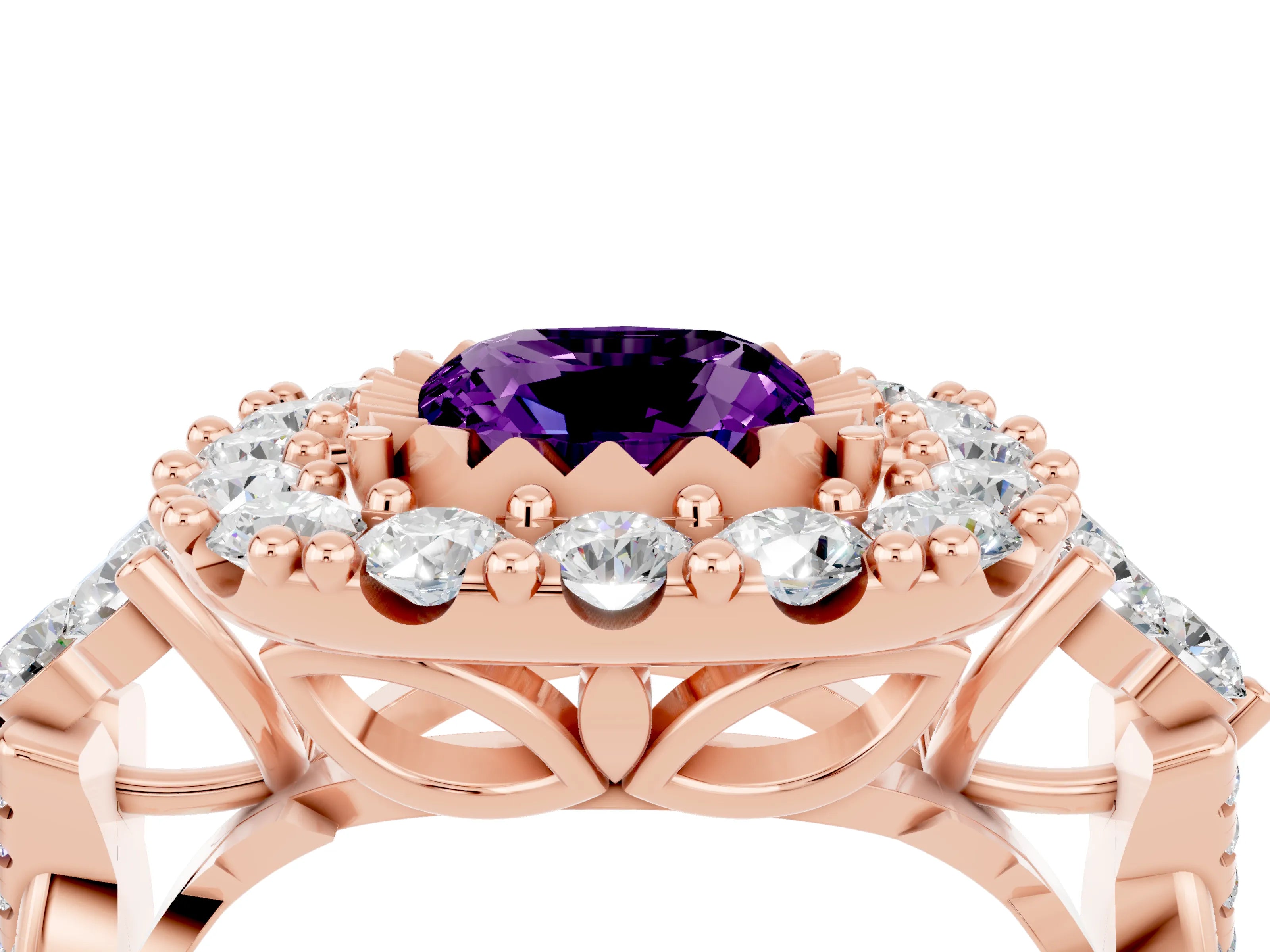 Rose gold Cushion Cut Amethyst Halo Ring with Pavé Band and Four-Prong Setting_16