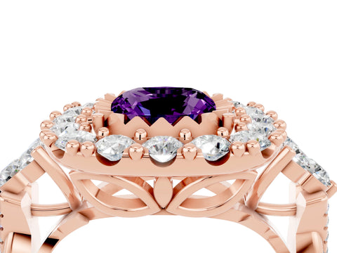 Rose gold Cushion Cut Amethyst Halo Ring with Pavé Band and Four-Prong Setting_16