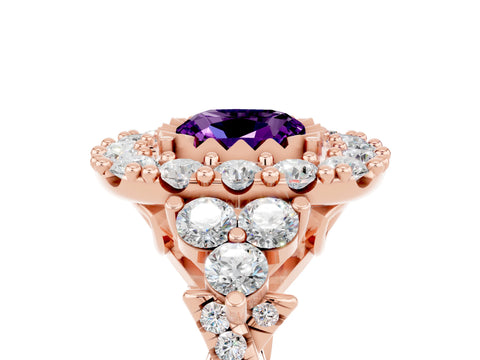 Rose gold Cushion Cut Amethyst Halo Ring with Pavé Band and Four-Prong Setting_17