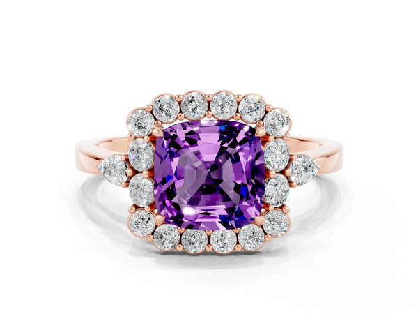 Rose gold Cushion Cut Amethyst Halo Ring with Pear Side Stones and Prong Setting
