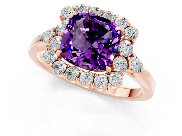 Rose gold Cushion Cut Amethyst Halo Ring with Pear Side Stones and Prong Setting