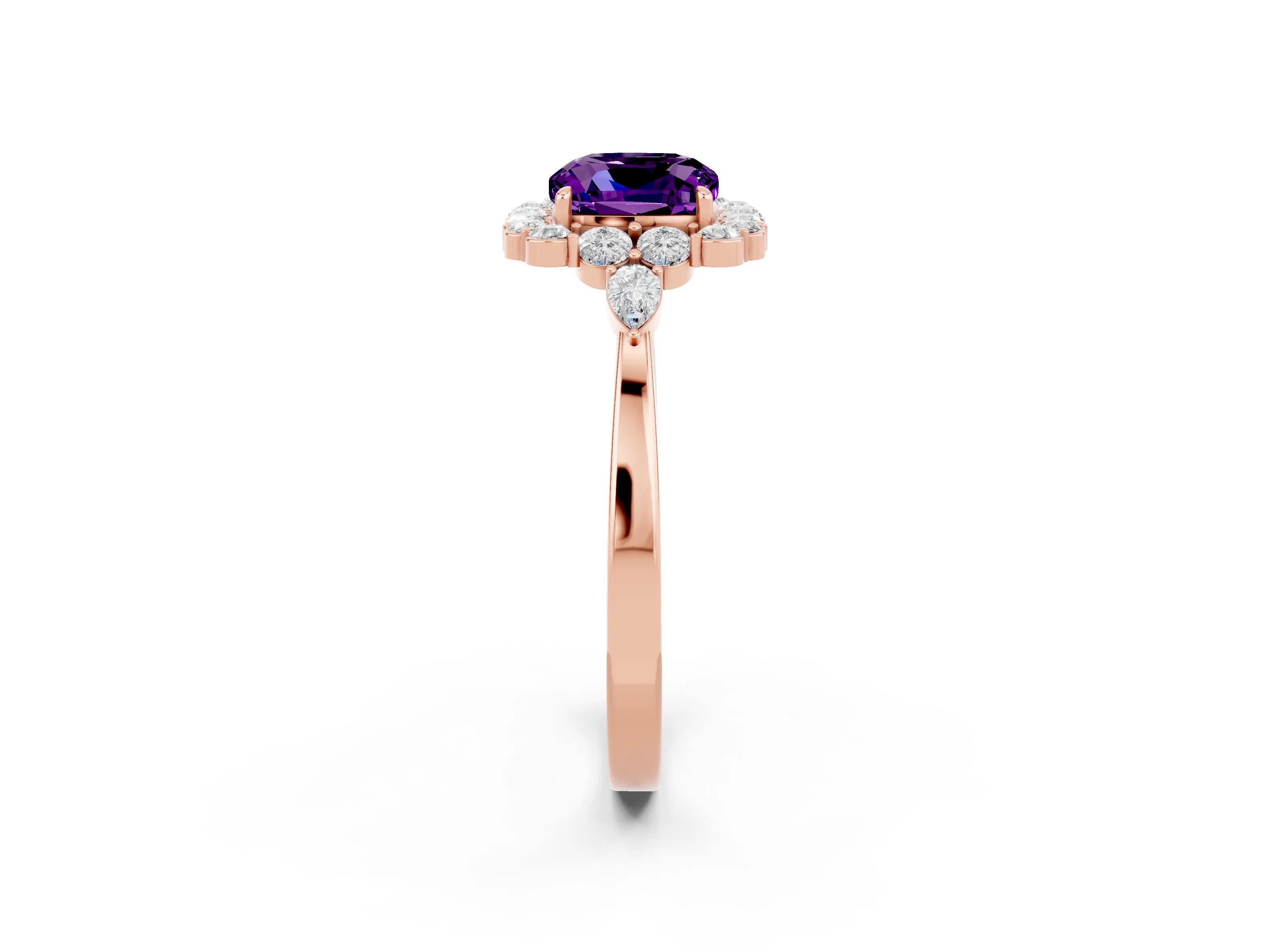 Rose gold Cushion Cut Amethyst Halo Ring with Pear Side Stones and Prong Setting_14