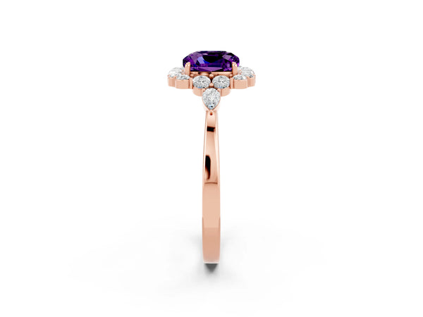 Rose gold Cushion Cut Amethyst Halo Ring with Pear Side Stones and Prong Setting