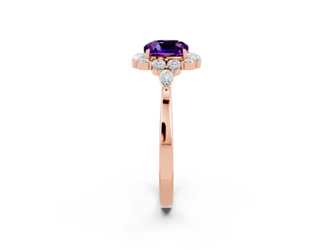 Rose gold Cushion Cut Amethyst Halo Ring with Pear Side Stones and Prong Setting_14