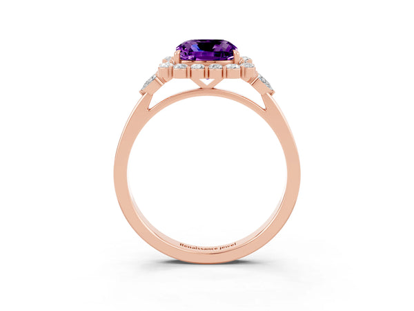 Rose gold Cushion Cut Amethyst Halo Ring with Pear Side Stones and Prong Setting