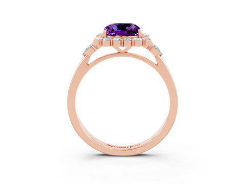 Rose gold Cushion Cut Amethyst Halo Ring with Pear Side Stones and Prong Setting_15