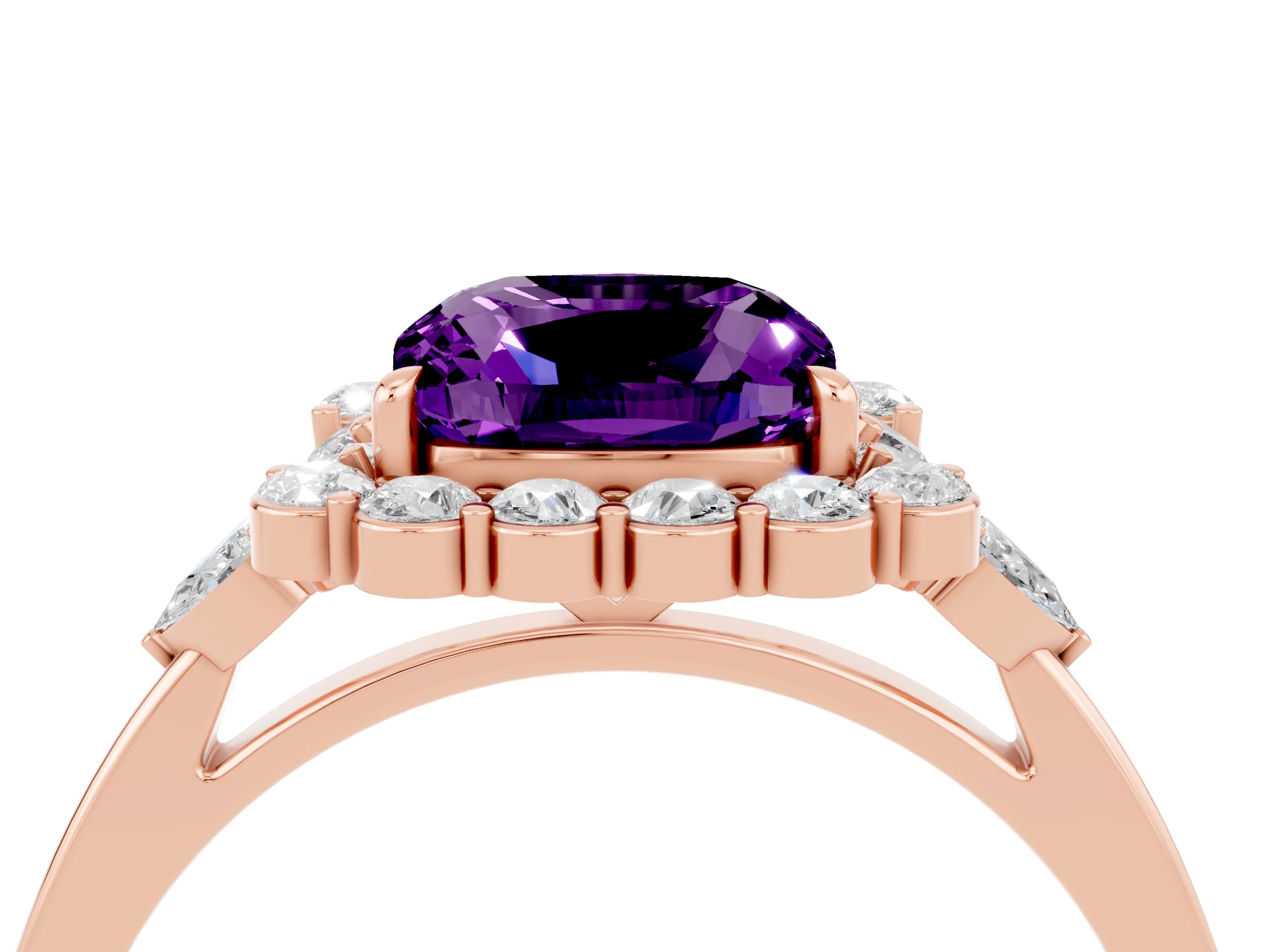 Rose gold Cushion Cut Amethyst Halo Ring with Pear Side Stones and Prong Setting_16