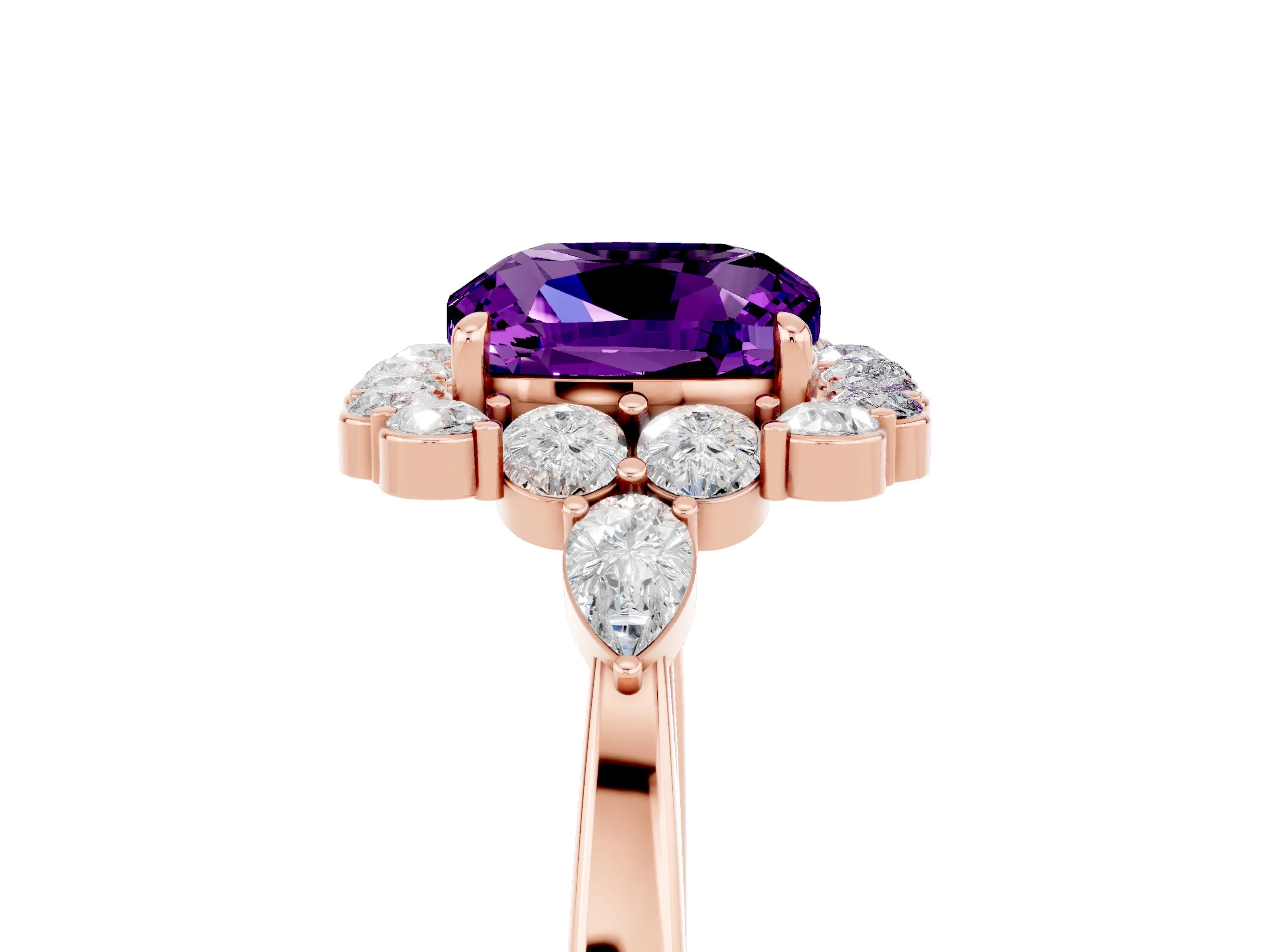 Rose gold Cushion Cut Amethyst Halo Ring with Pear Side Stones and Prong Setting_17